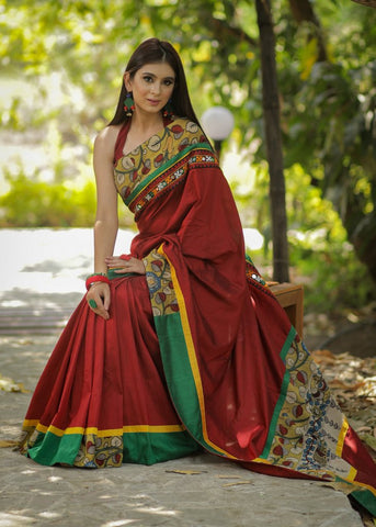 MAROON COTTON SILK SAREE WITH HAND PAINTED KALAMKARI & KUTCH MIRROR WORK BORDER