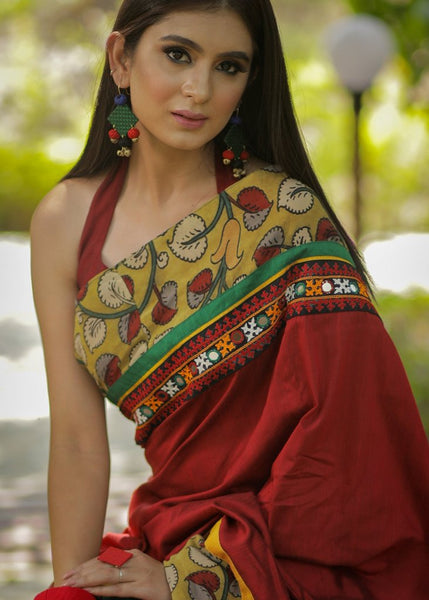 MAROON COTTON SILK SAREE WITH HAND PAINTED KALAMKARI & KUTCH MIRROR WORK BORDER