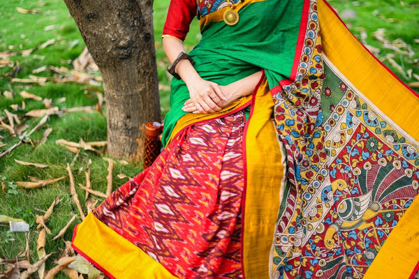 HANDLOOM COTTON SAREE WITH IKAT PLEATS AND HAND PAINTED KALAMKARI PALLU