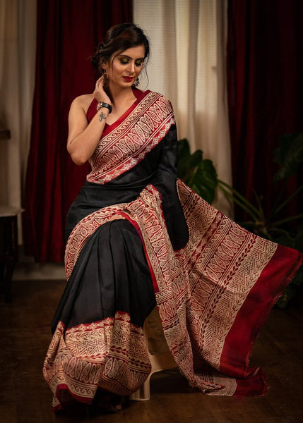 BLACK PURE SILK BISHNUPURI SAREE WITH EXCLUSIVE DESIGNER MOTIFS