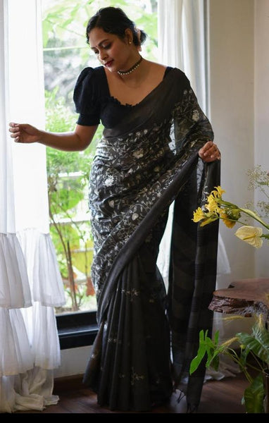 Black and White Embroidered Handloom Tussar Silk Saree