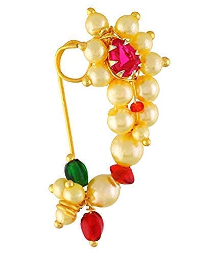 Traditional Maharashtrian (Non Pierced) Nath Nose Ring Pink Colour Stone Along with Pearl Beads