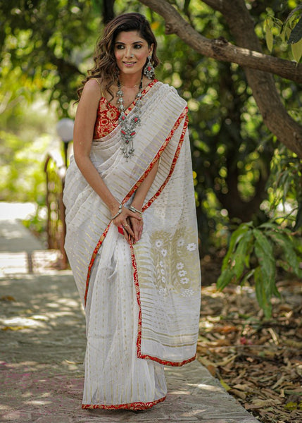 WHITE COTTON PURE JAMDANI SAREE WITH BENARASI PIPING