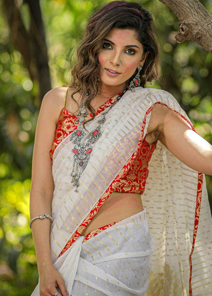 WHITE COTTON PURE JAMDANI SAREE WITH BENARASI PIPING
