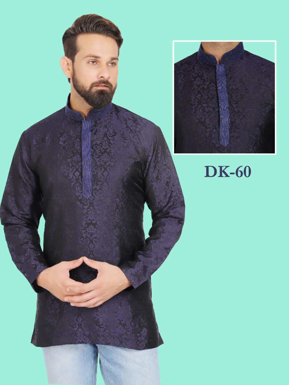 Navy Blue Colored Brocade Silk Mens Short Kurta