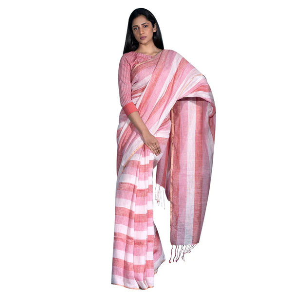 Pink Handloom Linen Saree with Salmon Shade Stripes