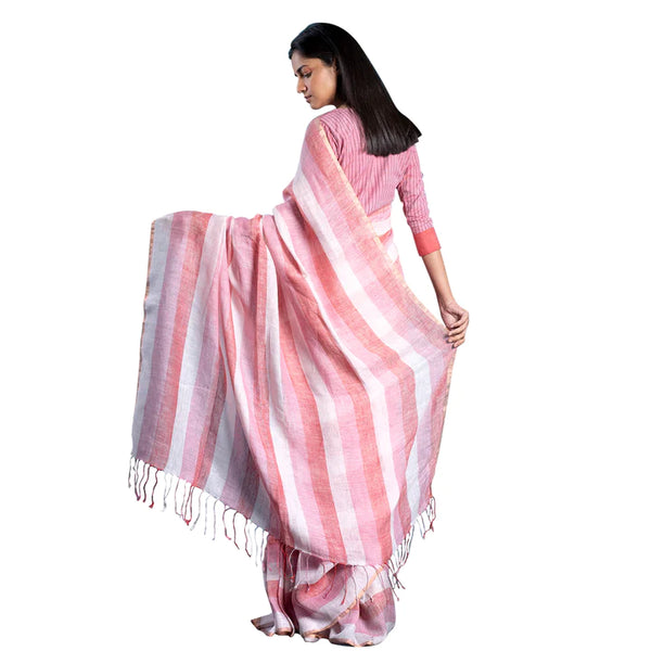 Pink Handloom Linen Saree with Salmon Shade Stripes