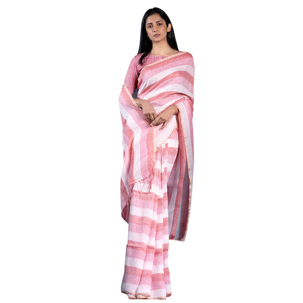 Pink Handloom Linen Saree with Salmon Shade Stripes