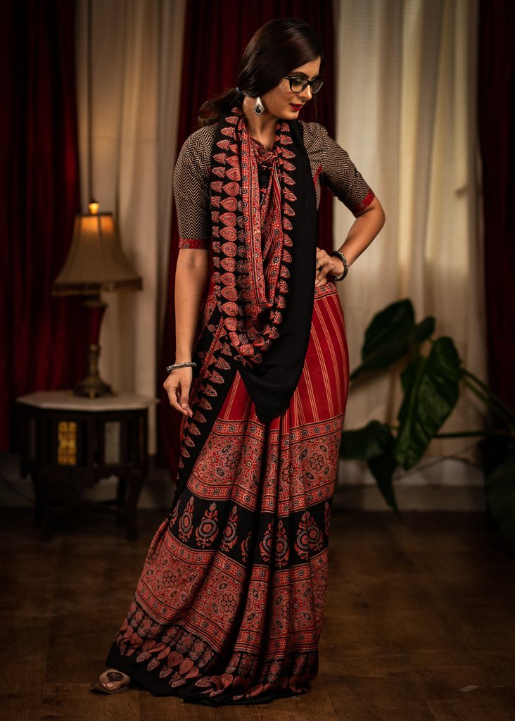 BLOCK PRINTED MAROON MODAL SILK AJRAKH SAREE