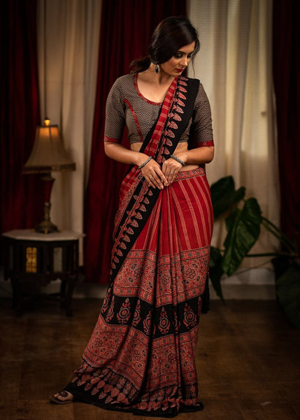 BLOCK PRINTED MAROON MODAL SILK AJRAKH SAREE