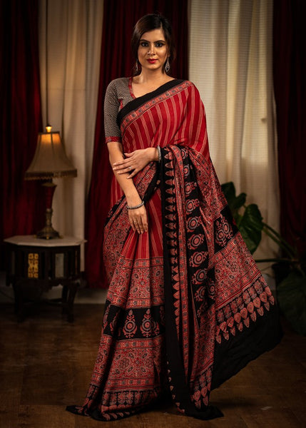 BLOCK PRINTED MAROON MODAL SILK AJRAKH SAREE