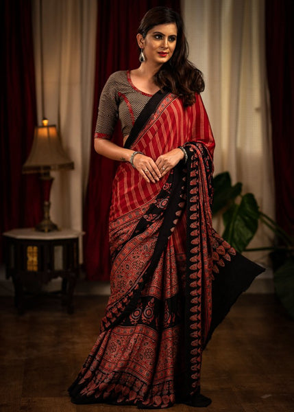 BLOCK PRINTED MAROON MODAL SILK AJRAKH SAREE