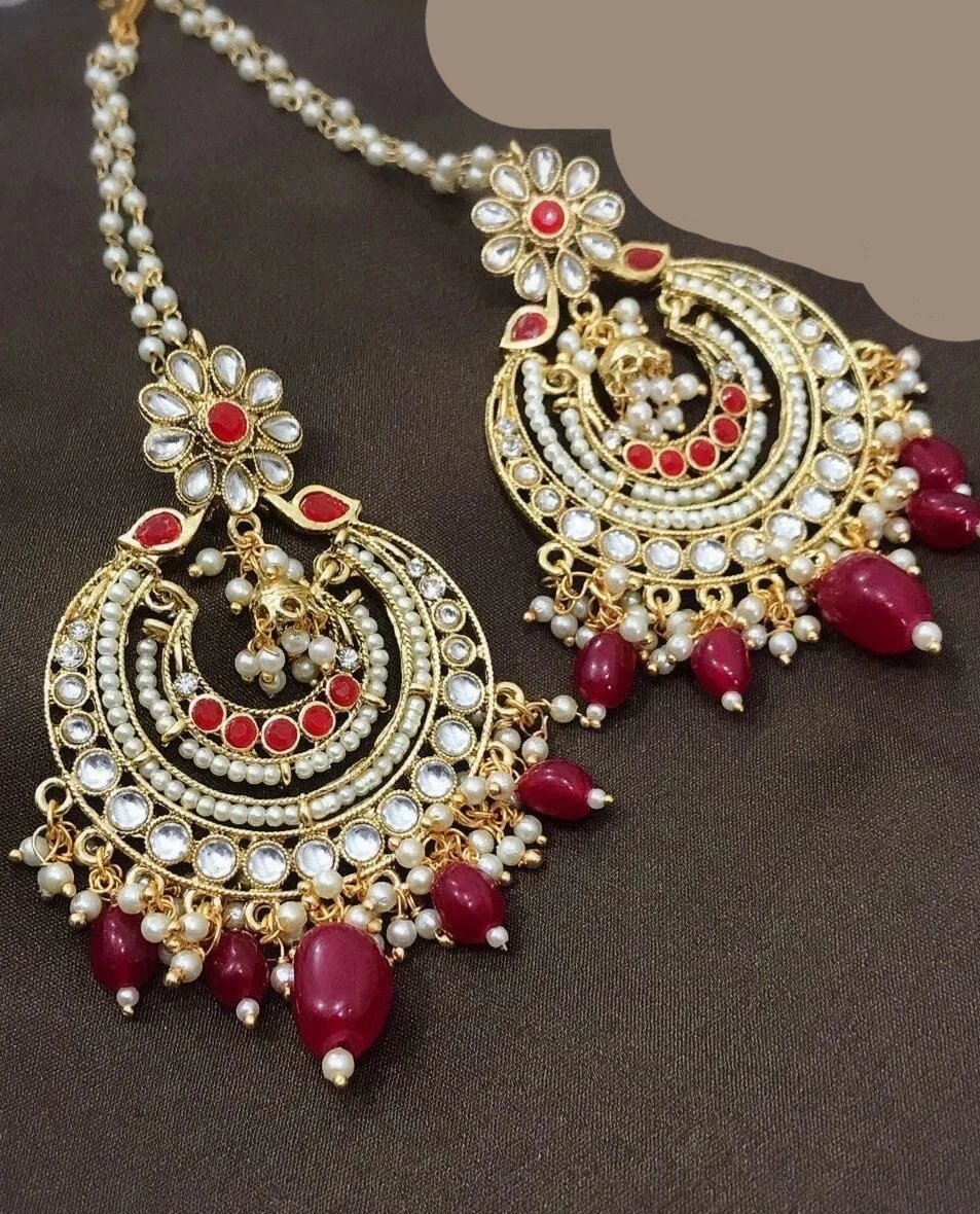 Gorgeous Red Gold Plated Kundan Earrings with White Pearls & Red Beads