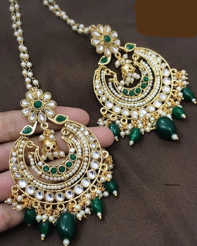 Gorgeous Green Gold Plated Kundan Earrings with White Pearls & Green Beads.