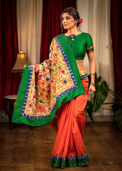 ORANGE CHANDERI SAREE WITH EMBROIDERED MADHUBANI DESIGN PALLU