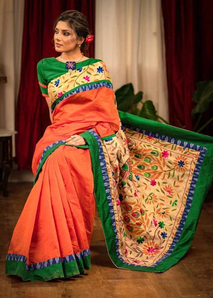 ORANGE CHANDERI SAREE WITH EMBROIDERED MADHUBANI DESIGN PALLU