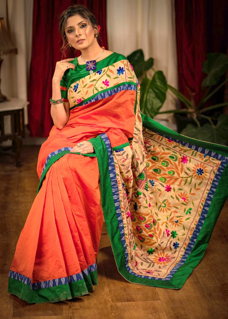 ORANGE CHANDERI SAREE WITH EMBROIDERED MADHUBANI DESIGN PALLU