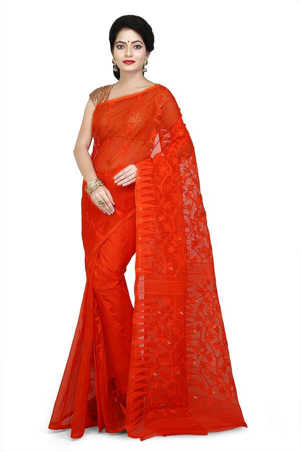 Orange Festival Bengali Jamdani Saree