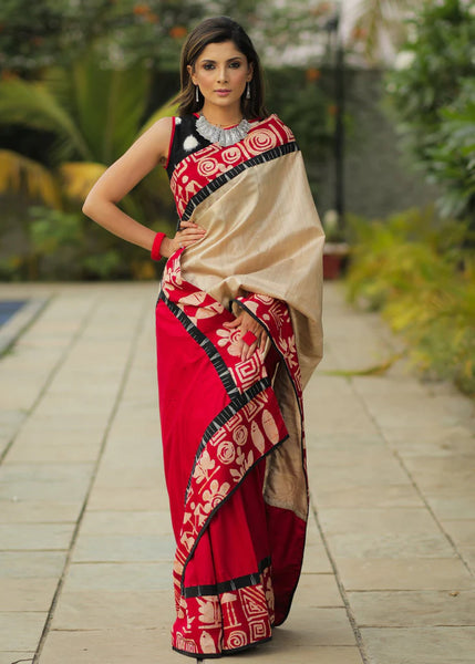 COMBINATION OF PURE TUSSER SILK & RED SEMI SILK SAREE WITH HAND BATIK BORDER