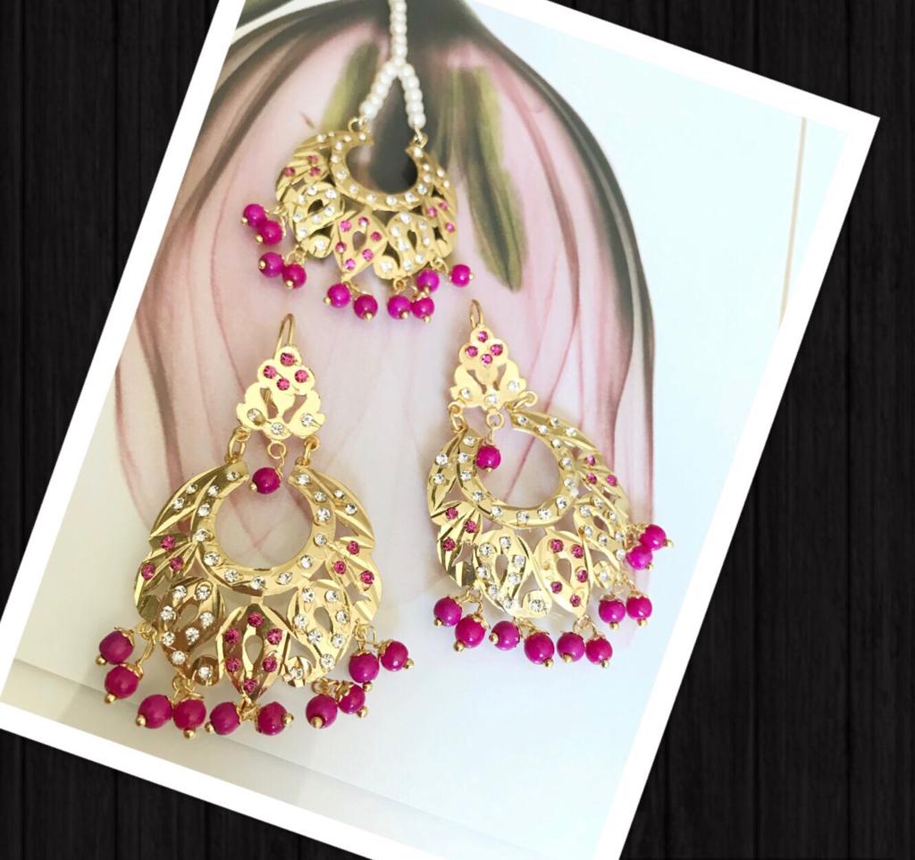 Gold Plated Earrings With Mang Tika & Pink Beads