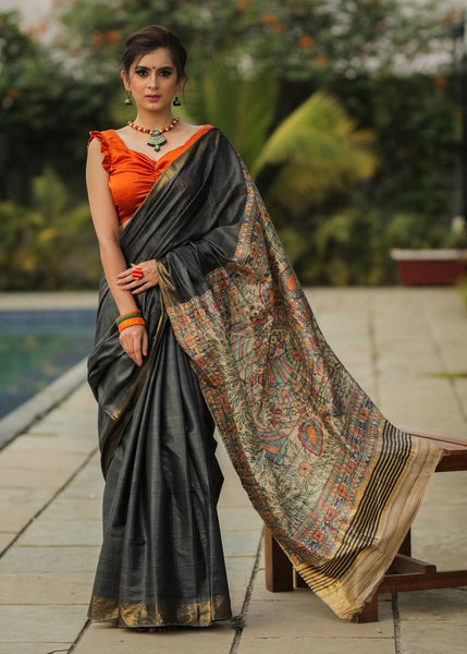 BLACK SILK SAREE WITH HAND PAINTED MADHUBANI PALLU & ZARI BORDER