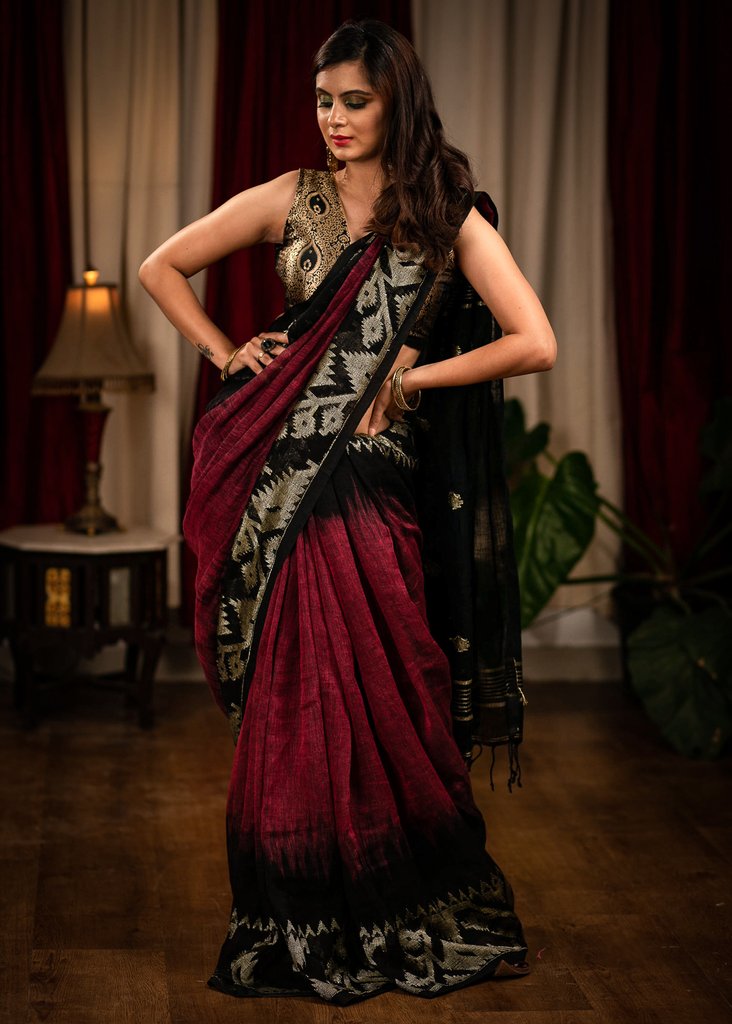 MAROON & BLACK ORGANIC LINEN JAMDANI SAREE