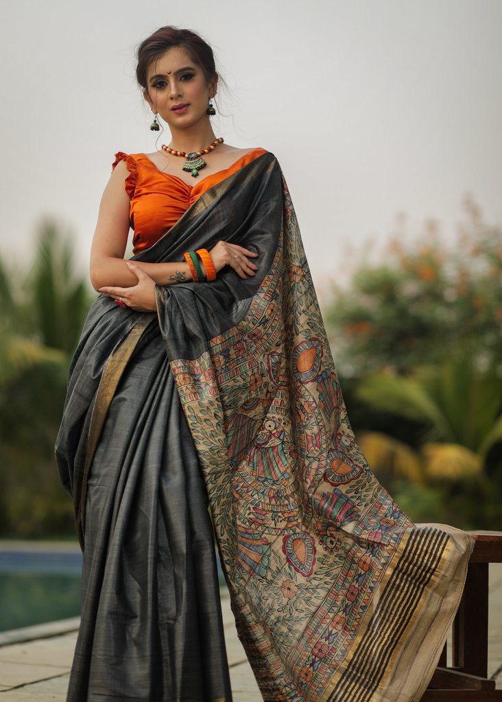 BLACK SILK SAREE WITH HAND PAINTED MADHUBANI PALLU & ZARI BORDER