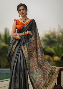 BLACK SILK SAREE WITH HAND PAINTED MADHUBANI PALLU & ZARI BORDER