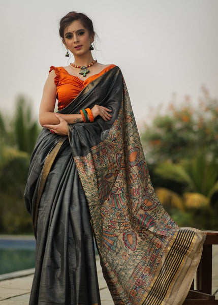 BLACK SILK SAREE WITH HAND PAINTED MADHUBANI PALLU & ZARI BORDER