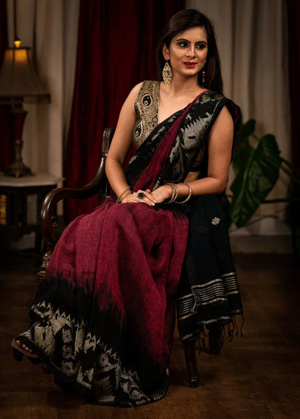 MAROON & BLACK ORGANIC LINEN JAMDANI SAREE