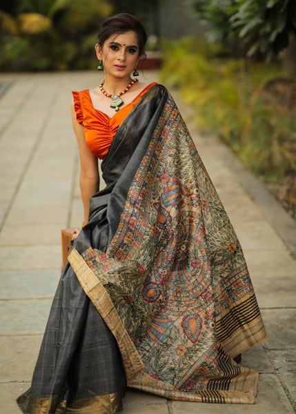 BLACK SILK SAREE WITH HAND PAINTED MADHUBANI PALLU & ZARI BORDER