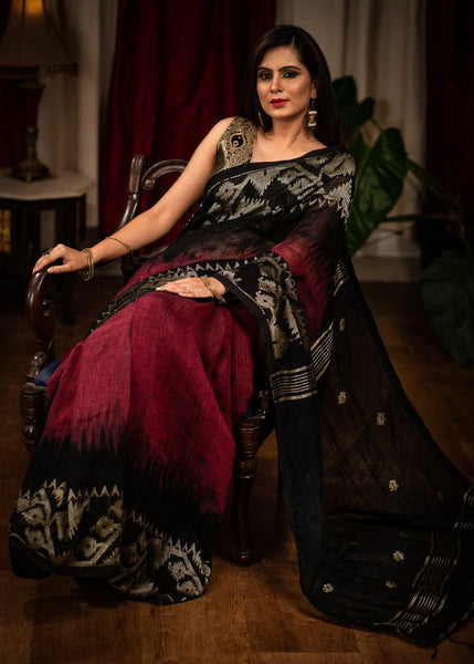 MAROON & BLACK ORGANIC LINEN JAMDANI SAREE