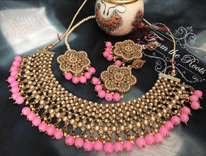 Gold Plated Kundan Choker Necklace Set With Pink Beads & Matching Mang Tika & Earrings