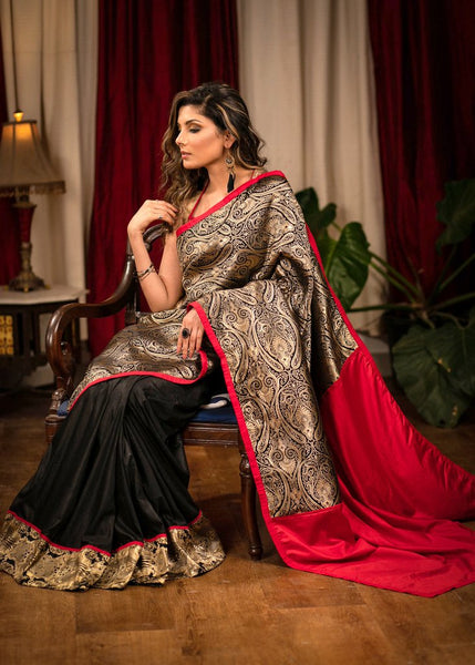 BLACK BENARASI SAREE WITH SEMI SILK PLEATS