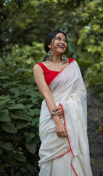 Pure Handloom Mercerised Cotton saree with Gold woven border