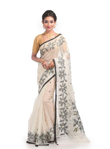 Off-White with Black Floral Border Ethnic Resham Silk Muslin Saree