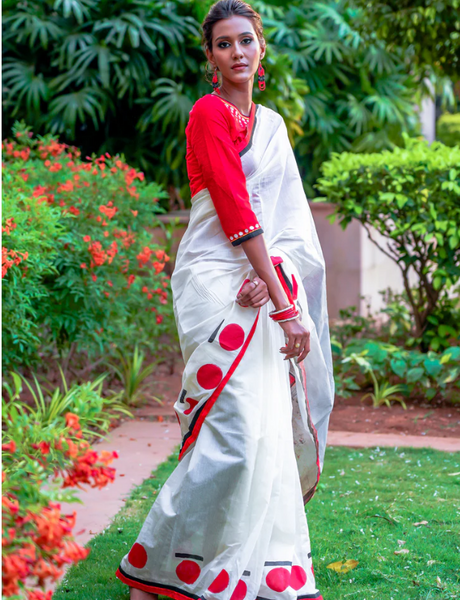 CHANDERI WHITE SAREE WITH RED HANDPAINTED MODERN ART