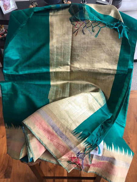 Pure Tussar Dupion Silk in Deep Green with Golden Multicolored Matte Temple Border with Golden Aachal with Tassels