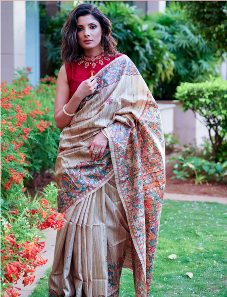 GHICHA SILK HANDPAINTED MADHUBANI SAREE