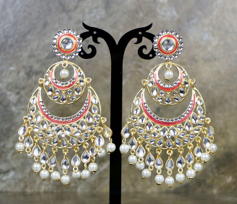 Peach Pink Colored Kundan Dangler Earrings