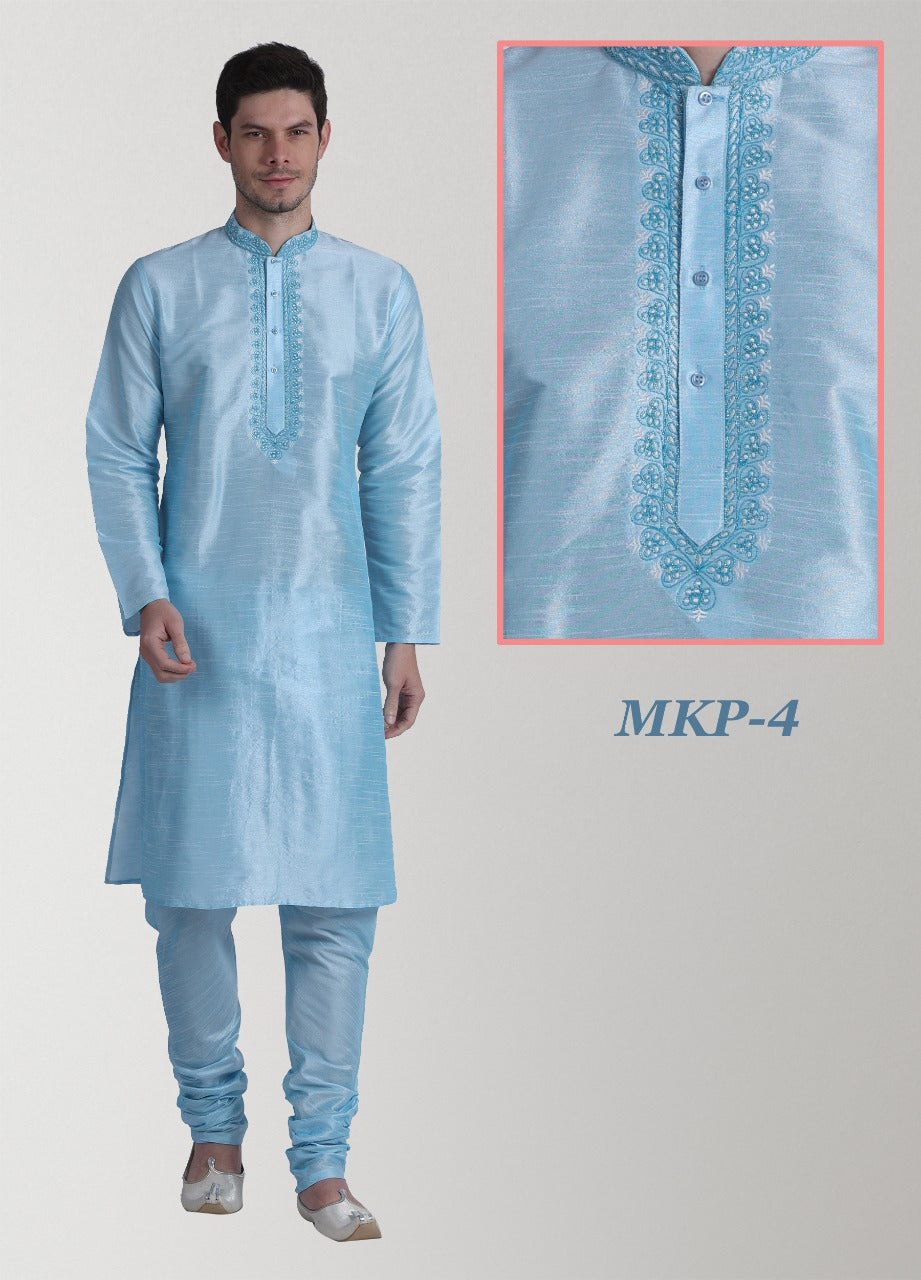 Pure Silk Sky Blue Embroidered Kurta Pyjama Set