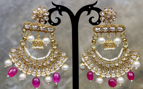 Gold Plated Kundan Earrings with White Pearls & Pink Beads