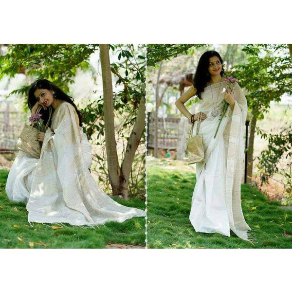 Off-White Colored Pure Handloom Silk Cotton Ghicha Saree