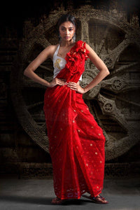 Pure Red Jamdani Weave Saree with Golden Buttas all over with Golden Butta Aachal