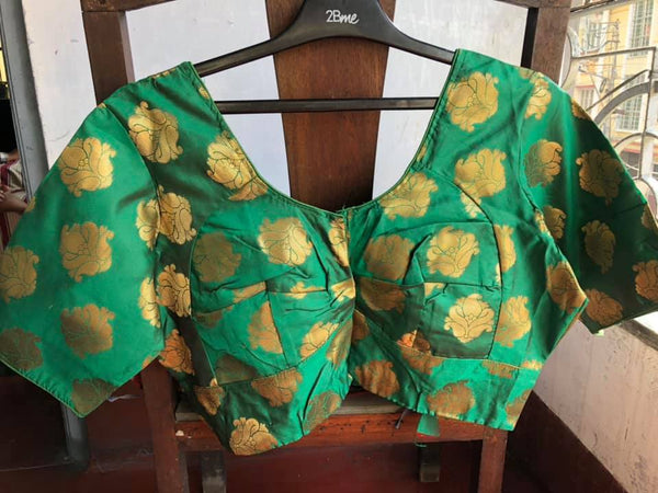 Green and Gold Brocade Blouse Non Padded with Front Hook.