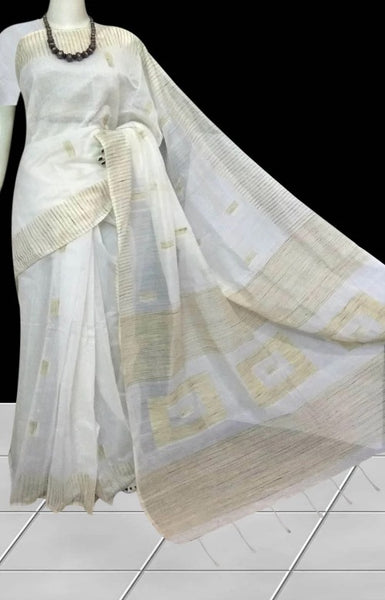 Off-White Colored Pure Handloom Silk Cotton Ghicha Saree