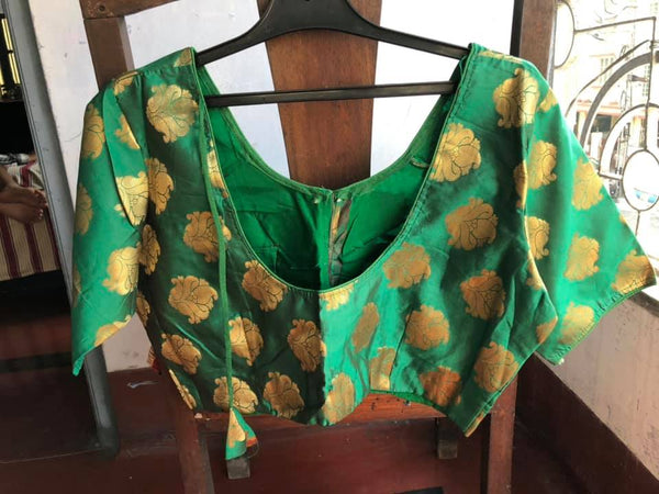 Green and Gold Brocade Blouse Non Padded with Front Hook.