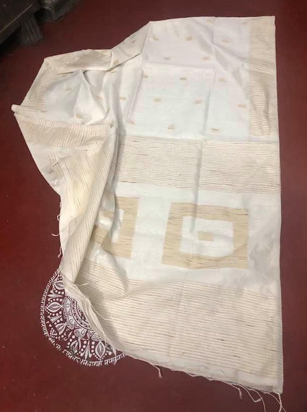 Off-White Colored Pure Handloom Silk Cotton Ghicha Saree