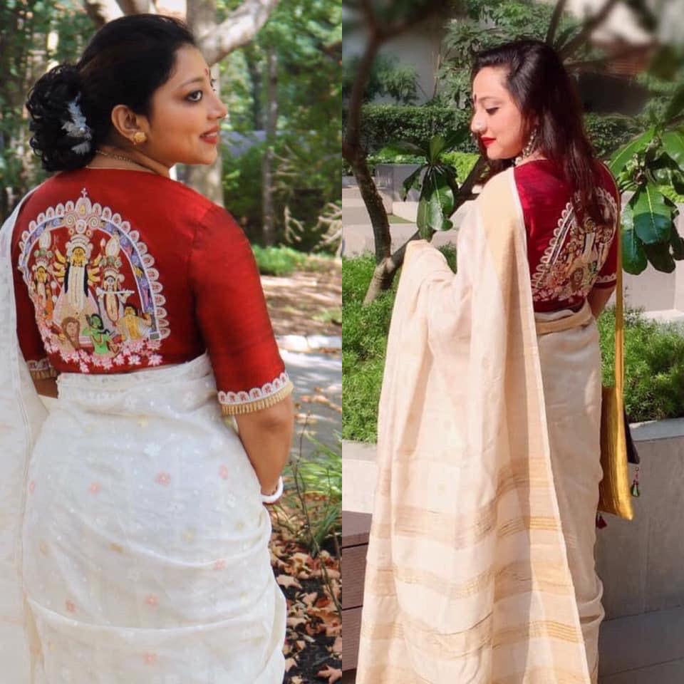 Red Cotton Elbow Sleeve Durga Embriodered Blouse on Back