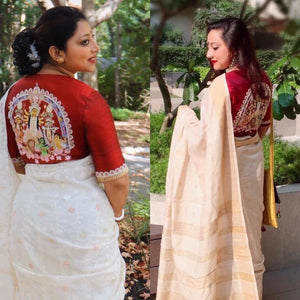 Red Cotton Elbow Sleeve Durga Embriodered Blouse on Back